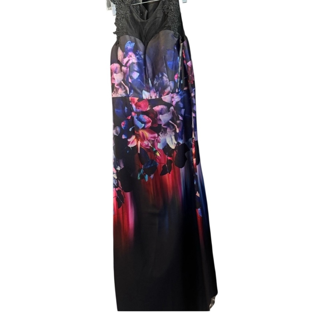 Little Mistress Floral Watercolor Sleeveless Maxi Dress with Sheer Neckline - Picture 3 of 5